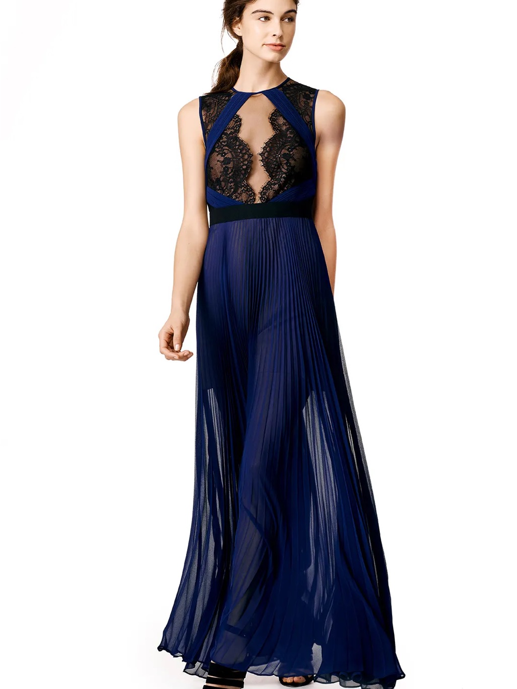 Bcbgmaxazria Runway Lace Illusion Pleated Gown Size 02 Petite Hemmed